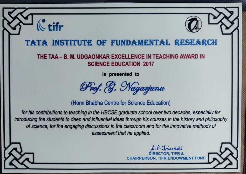 TAA-B.M. Udgaonkar Excellence in Teaching Award in Science Education 2017 ( Prof. G. Nagarjuna)