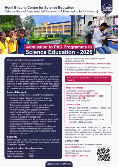 Admission to PhD Programme in Science Education - 2026