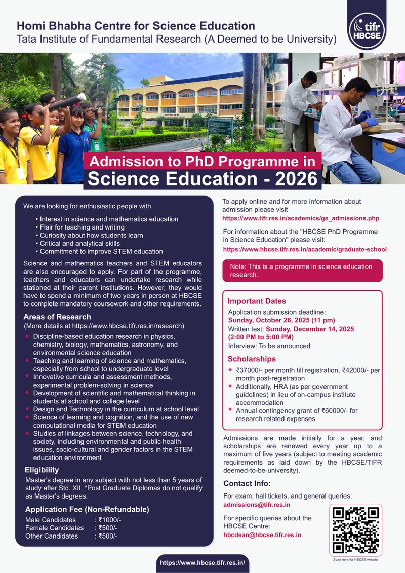 Admission to PhD Programme in Science Education - 2026